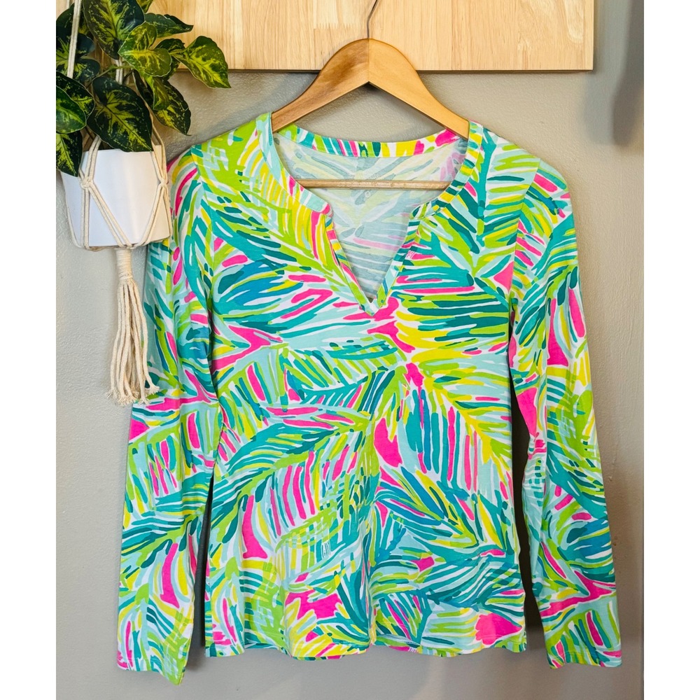 Lilly Pulitzer Etta Long Sleeve V Neck Top Pink Green Palm Leaf Print Small - Picture 2 of 7